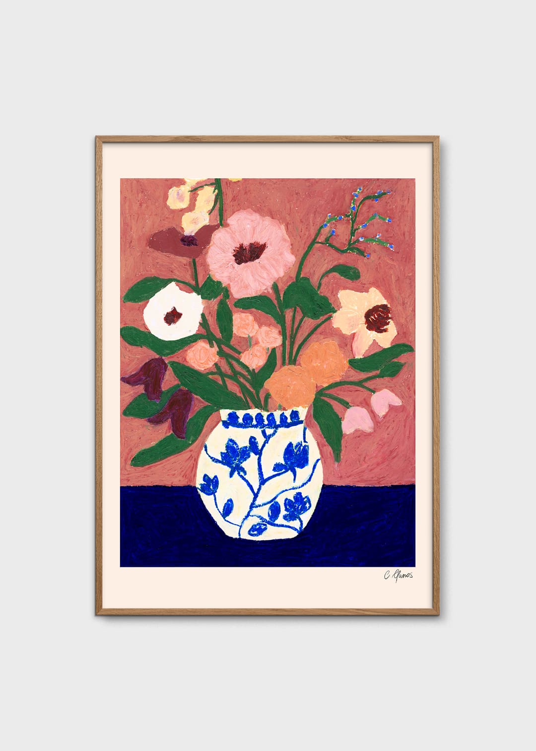 Flowers on Blue Table by Carla Llanos | The Poster Club