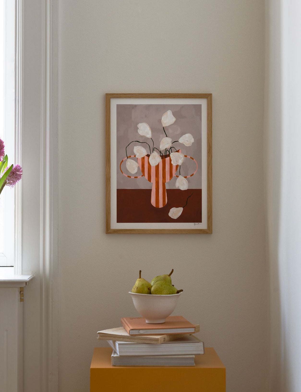 White Flowers in Striped Vase