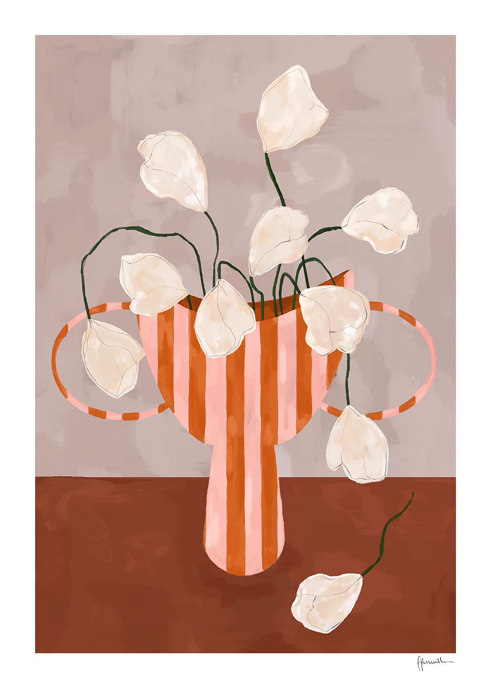 White Flowers in Striped Vase
