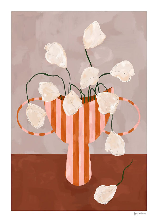 White Flowers in Striped Vase by Frankie Penwill