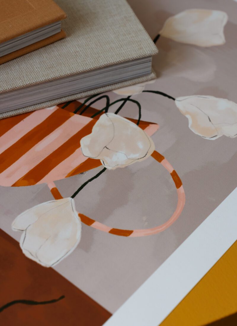 Frankie Penwill, White Flowers in Striped Vase art print - The